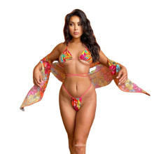 3 Piece Sets G-String Swimwear Floral Swimsuit Extreme Sexy Beach Girl Mini Micro Bikini for Women